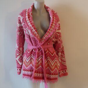 NWT Womens Tina Demel Kennedy Jacquard Pink, White Belted Cardigan Sweater M